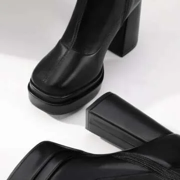 IDIFU IN4 Black Knee High Boots for Women Platform Gogo Boots Square Toe Chunky Block High Heel Tall Boots Ladies Event Concert Dress Long Boots Comfortable Sexy Pull On Fall Boots(Black Pu, 7)