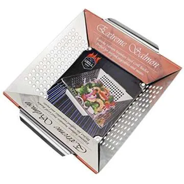 Extreme Salmon Vegetable Grill Basket, Heavy Duty Vegetable Grill Pan Stainless Steel BBQ Grill Basket with Handles, Grill Accessories for Vegetable Grilling Baskets for Outdoor Grill Cooking