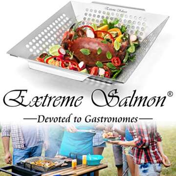 Extreme Salmon Vegetable Grill Basket, Heavy Duty Vegetable Grill Pan Stainless Steel BBQ Grill Basket with Handles, Grill Accessories for Vegetable Grilling Baskets for Outdoor Grill Cooking