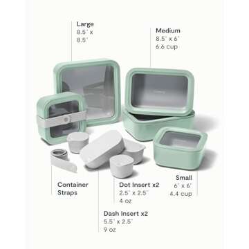 Caraway 14pc Glass Food Storage Container Set - Easy to Store, Non Toxic Lunch Box - with Glass Lids - Includes Storage Organizer & Dot & Dash Inserts - Mist