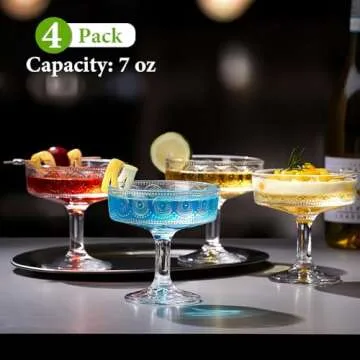 Mfacoy Vintage Coupe Glasses Set of 4, 7 oz Embossed Floral Martini Glasses, Unique Cocktail Galssware, Bar Drinking Glasses Set Pefect for Champagne, Cocktail, Martini, Wine & Gift