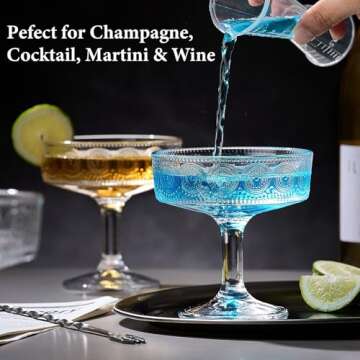 Mfacoy Vintage Coupe Glasses Set of 4, 7 oz Embossed Floral Martini Glasses, Unique Cocktail Galssware, Bar Drinking Glasses Set Pefect for Champagne, Cocktail, Martini, Wine & Gift