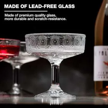 Mfacoy Vintage Coupe Glasses Set of 4, 7 oz Embossed Floral Martini Glasses, Unique Cocktail Galssware, Bar Drinking Glasses Set Pefect for Champagne, Cocktail, Martini, Wine & Gift