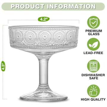 Mfacoy Vintage Coupe Glasses Set of 4, 7 oz Embossed Floral Martini Glasses, Unique Cocktail Galssware, Bar Drinking Glasses Set Pefect for Champagne, Cocktail, Martini, Wine & Gift