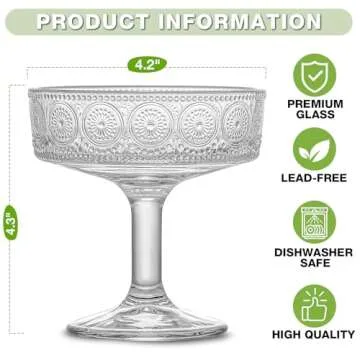 Mfacoy Vintage Coupe Glasses Set of 4, 7 oz Embossed Floral Martini Glasses, Unique Cocktail Galssware, Bar Drinking Glasses Set Pefect for Champagne, Cocktail, Martini, Wine & Gift