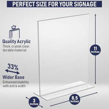Acrylic Sign Holder 8.5 x 11, T-Shape Tabletop Display Stand, Double-Sided Bottom Load Portrait Fram...