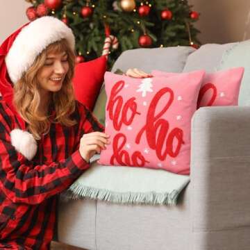 Wonderjune 2 Pcs Velvet Hohoho Christmas Pillow Covers Christmas Decor 18 x 18 Inch Embroidery Hohoho Covers Christmas Pillow Cases Holiday Cushion Cover Farmhouse Couch Case for Home