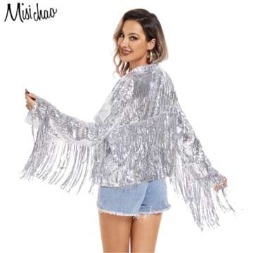 MISI CHAO Sequin Fringe Jacket Silver Shiny Disco Cowgirl Outfit Theme Y2K 90s Streetwear Jacket Glitter Tassel Coat (L)