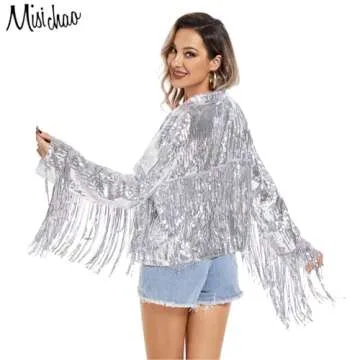 MISI CHAO Sequin Fringe Jacket Silver Shiny Disco Cowgirl Outfit Theme Y2K 90s Streetwear Jacket Glitter Tassel Coat (L)