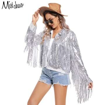 MISI CHAO Sequin Fringe Jacket Silver Shiny Disco Cowgirl Outfit Theme Y2K 90s Streetwear Jacket Glitter Tassel Coat (L)