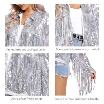MISI CHAO Sequin Fringe Jacket Silver Shiny Disco Cowgirl Outfit Theme Y2K 90s Streetwear Jacket Glitter Tassel Coat (L)