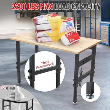 48" Adjustable Work Bench Garage Workbench with Power Outlets, 2200 Lbs Capacity Hardwood Top Work Bench Table Heavy-Duty Workbench for Garage, Workshop, Office, Home