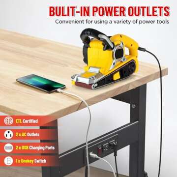 48" Adjustable Work Bench Garage Workbench with Power Outlets, 2200 Lbs Capacity Hardwood Top Work Bench Table Heavy-Duty Workbench for Garage, Workshop, Office, Home