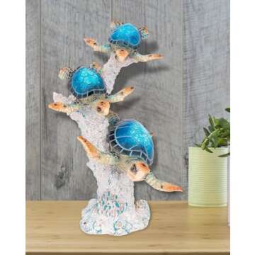 Sea Turtle Statue Triple Turtles Swimming on a Coral Reef Base Sea Coral Home Decor Tabletop Collection (Blue)