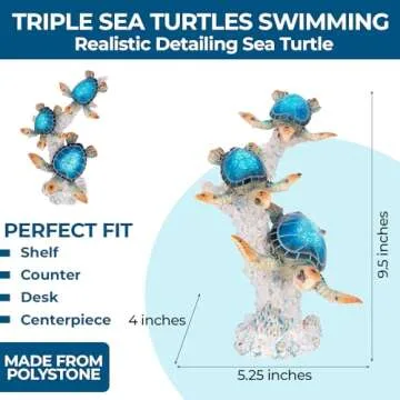 Sea Turtle Statue Triple Turtles Swimming on a Coral Reef Base Sea Coral Home Decor Tabletop Collection (Blue)