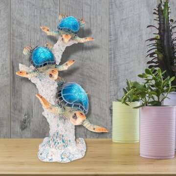 Sea Turtle Statue Triple Turtles Swimming on a Coral Reef Base Sea Coral Home Decor Tabletop Collection (Blue)