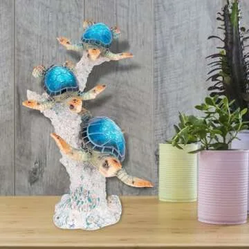 Sea Turtle Statue Triple Turtles Swimming on a Coral Reef Base Sea Coral Home Decor Tabletop Collection (Blue)