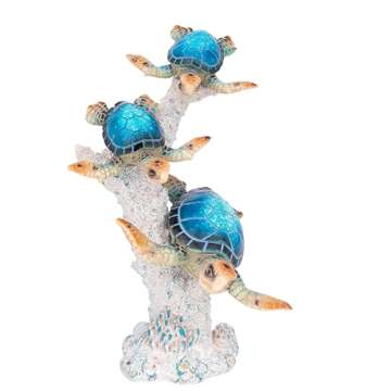 Sea Turtle Statue Triple Turtles Swimming on a Coral Reef Base Sea Coral Home Decor Tabletop Collection (Blue)