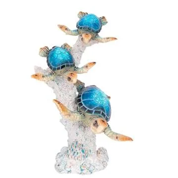 Sea Turtle Statue Triple Turtles Swimming on a Coral Reef Base Sea Coral Home Decor Tabletop Collection (Blue)