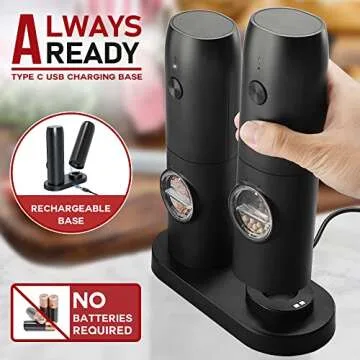 Electric Salt and Pepper Grinder Set of 2, Automatic Pepper Mill,USB Rechargeable, Adjustable Coarseness, One-handed Operation, Ceramic Burr, Refillable, Auto Grinders with Charging Base LED Light