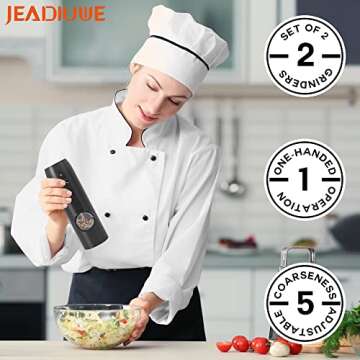 Electric Salt and Pepper Grinder Set of 2, Automatic Pepper Mill,USB Rechargeable, Adjustable Coarseness, One-handed Operation, Ceramic Burr, Refillable, Auto Grinders with Charging Base LED Light