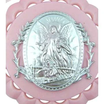 Moulded Acrylic Pink Crib Medal with Guardian Angel for Baby Girl Nursery Decor, 3 1/2 Inch