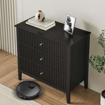 RoyalCraft Large 3 Drawer Dresser Set of 2, Fluted Chest of Drawers with Storage, Modern Painted 30 inch Tall Nightstand for Bedroom Living Room Entryway, Black