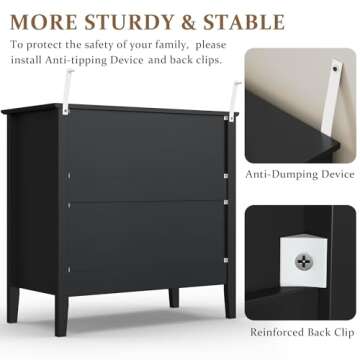 RoyalCraft Large 3 Drawer Dresser Set of 2, Fluted Chest of Drawers with Storage, Modern Painted 30 inch Tall Nightstand for Bedroom Living Room Entryway, Black