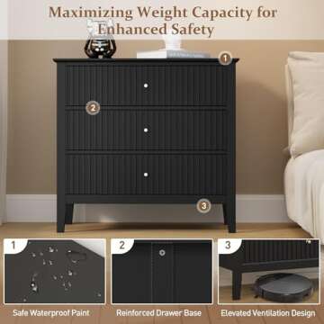 RoyalCraft Large 3 Drawer Dresser Set of 2, Fluted Chest of Drawers with Storage, Modern Painted 30 inch Tall Nightstand for Bedroom Living Room Entryway, Black