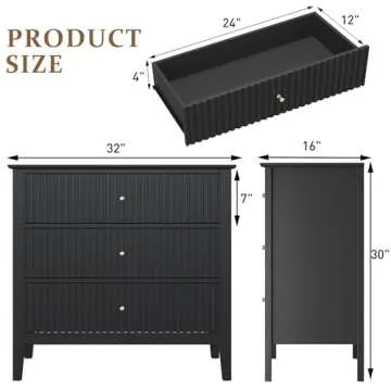 RoyalCraft Large 3 Drawer Dresser Set of 2, Fluted Chest of Drawers with Storage, Modern Painted 30 inch Tall Nightstand for Bedroom Living Room Entryway, Black
