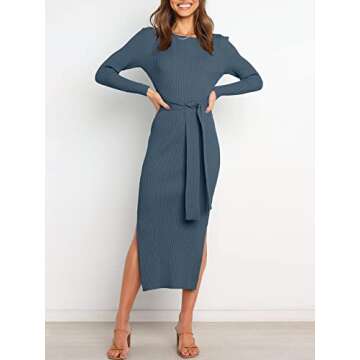 ANRABESS Womens Long Sleeve Sweater Dress Crew Neck Slim Fit Slit Tie Waist 2025 Ribbed Knit Bodycon...