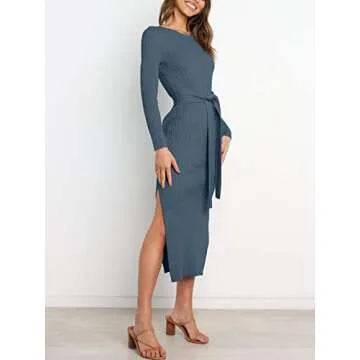 ANRABESS Womens Long Sleeve Sweater Dress Crew Neck Slim Fit Slit Tie Waist 2025 Ribbed Knit Bodycon Midi Dress Fall Outfits 623dianlan-S Dusty Blue