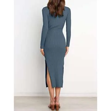 ANRABESS Womens Long Sleeve Sweater Dress Crew Neck Slim Fit Slit Tie Waist 2025 Ribbed Knit Bodycon Midi Dress Fall Outfits 623dianlan-S Dusty Blue