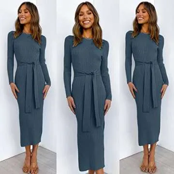 ANRABESS Womens Long Sleeve Sweater Dress Crew Neck Slim Fit Slit Tie Waist 2025 Ribbed Knit Bodycon Midi Dress Fall Outfits 623dianlan-S Dusty Blue