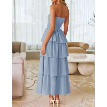 ZESICA Women‘s Summer Boho Strapless Maxi Dress 2025 Casual Sleeveless Off Shoulder Smocked Tiered Beach Long Sundress,Sky,Medium