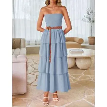 ZESICA Women‘s Summer Boho Strapless Maxi Dress 2025 Casual Sleeveless Off Shoulder Smocked Tiered Beach Long Sundress,Sky,Medium