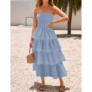 ZESICA Women‘s Summer Boho Strapless Maxi Dress 2025 Casual Sleeveless Off Shoulder Smocked Tiered Beach Long Sundress,Sky,Medium