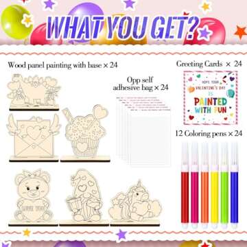 24 Pack Valentine's Day Gifts Set Unfinished DIY Wooden Art Painting Craft with Mini Watercolor Penc...