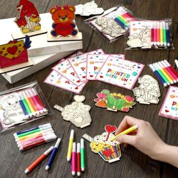 24 Pack Valentine's Day Gifts Set Unfinished DIY Wooden Art Painting Craft with Mini Watercolor Pencil, Valentine's Day Cards and Packaging Bag DIY Valentines Crafts for Valentines Party Favor