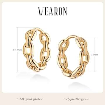 WEARON Gold Hoop Earrings for Women 14K Plated Gold Huggie Earrings for Women Personality Simplicity Twisted Chain Hoop Earrings Jewelry