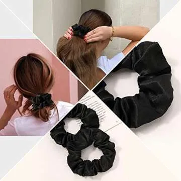 Ivyu Black Silk Satin Scrunchies - Pack of 6, 8 Pieces (2 Free) - Hair Elastics Bands - Ponytail Holder - Women & Girls