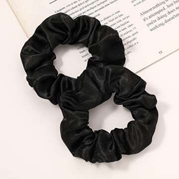 Ivyu Black Silk Satin Scrunchies - Pack of 6, 8 Pieces (2 Free) - Hair Elastics Bands - Ponytail Holder - Women & Girls