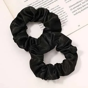 Ivyu Black Silk Satin Scrunchies - Pack of 6, 8 Pieces (2 Free) - Hair Elastics Bands - Ponytail Holder - Women & Girls