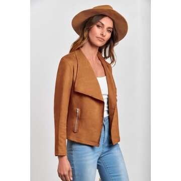 PRETTYGARDEN Women's Faux Suede Jackets 2025 Spring Fall Clothes Long Sleeve Open Front Cropped Coat Outwear (Brown,Large)
