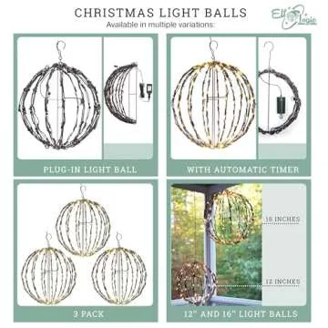 Elf Logic 3 Pack 16” Outdoor/Indoor LED Christmas Light Balls. Durable, Waterproof, Long-Lasting, Lightweight Bright Light Ball. Warm LED Lights for Holiday Decor, Patio, Wedding Decor