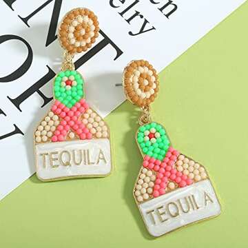 Beaded Tequila Earrings for Women, Champagne Wine Bottle Dangle Earrings, Beaded Alloy Tequila Earri...