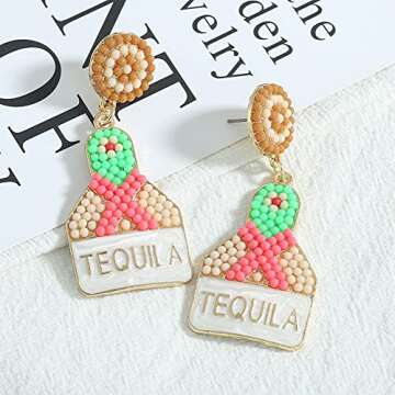 Beaded Tequila Earrings for Women, Champagne Wine Bottle Dangle Earrings, Beaded Alloy Tequila Earrings for Party Jewelry Gifts (Lime)