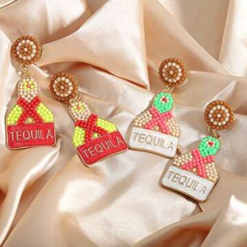 Beaded Tequila Earrings for Women, Champagne Wine Bottle Dangle Earrings, Beaded Alloy Tequila Earrings for Party Jewelry Gifts (Lime)