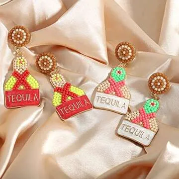 Beaded Tequila Earrings for Women, Champagne Wine Bottle Dangle Earrings, Beaded Alloy Tequila Earrings for Party Jewelry Gifts (Lime)