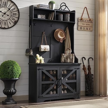 JXQTLINGMU Farmhouse Entryway Bench with Coat Rack, 12 Shoe Cubbies & 7 Coat Hooks, 42" Wide Hall Tr...